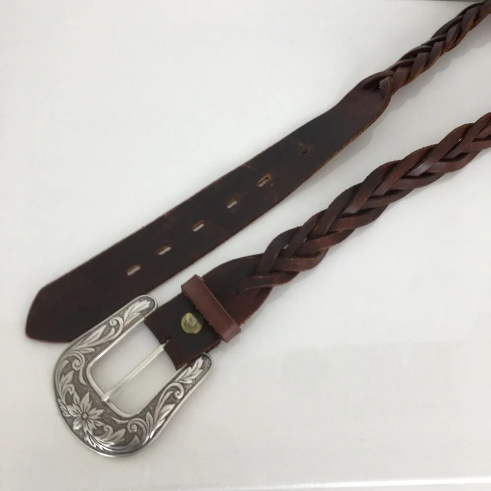 Chunky Braided Woven Leather Belt Dark Brown Western Floral Silver Buckle Boho